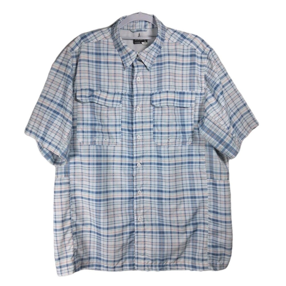 Habit 40 SPF Solar Factor Button Up Shirt Mens Large Fishing White Blue Plaid